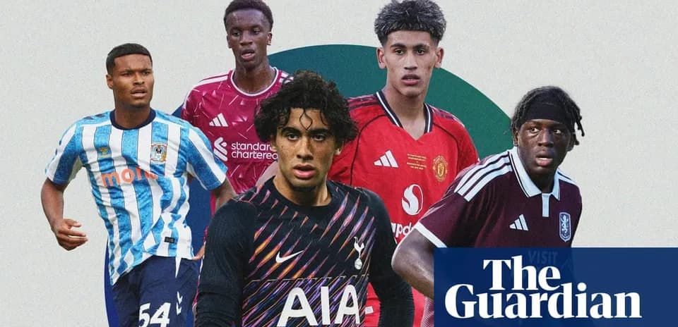 Five young football players in club jerseys