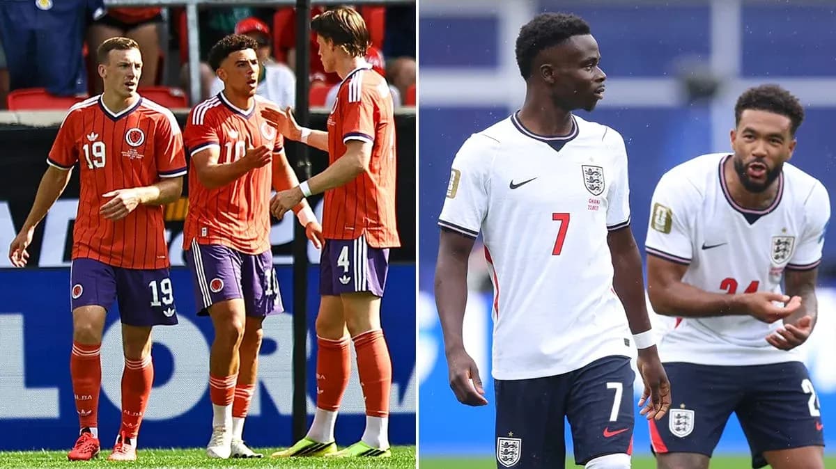 Colombia and England players interacting during match
