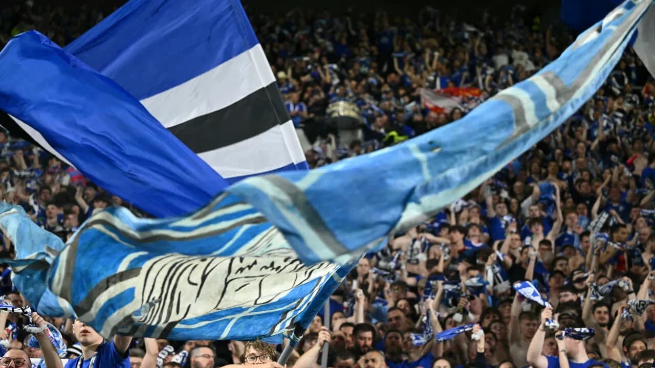 Fans waving flags and scarves in stadium