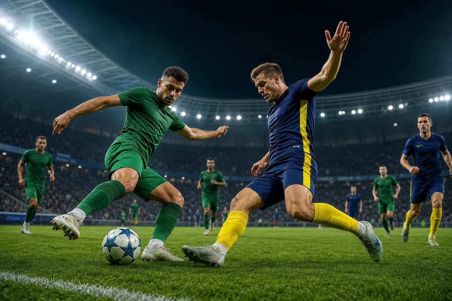 Players competing for the ball in UEFA match