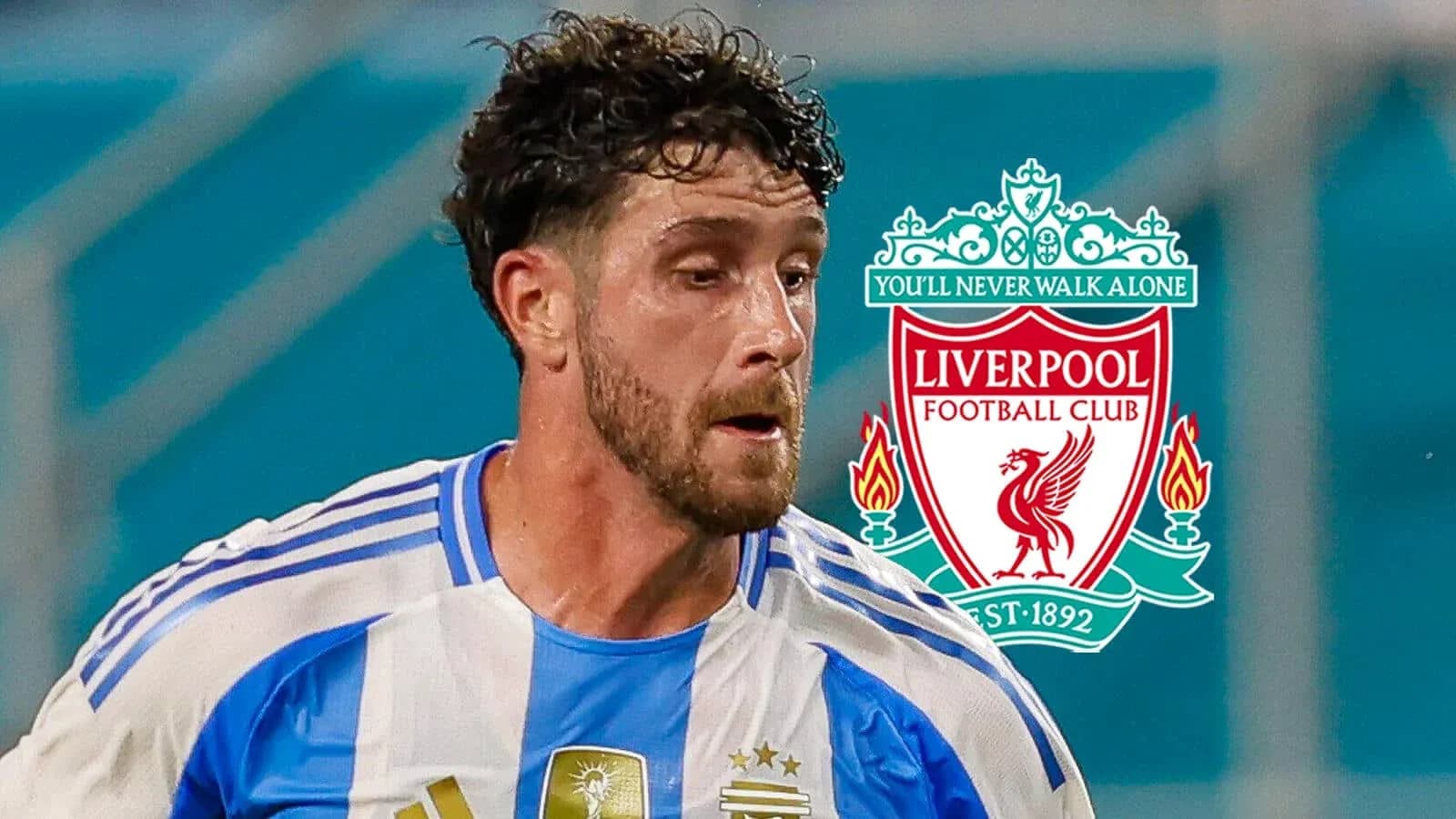 Player in Argentina kit with Liverpool logo background