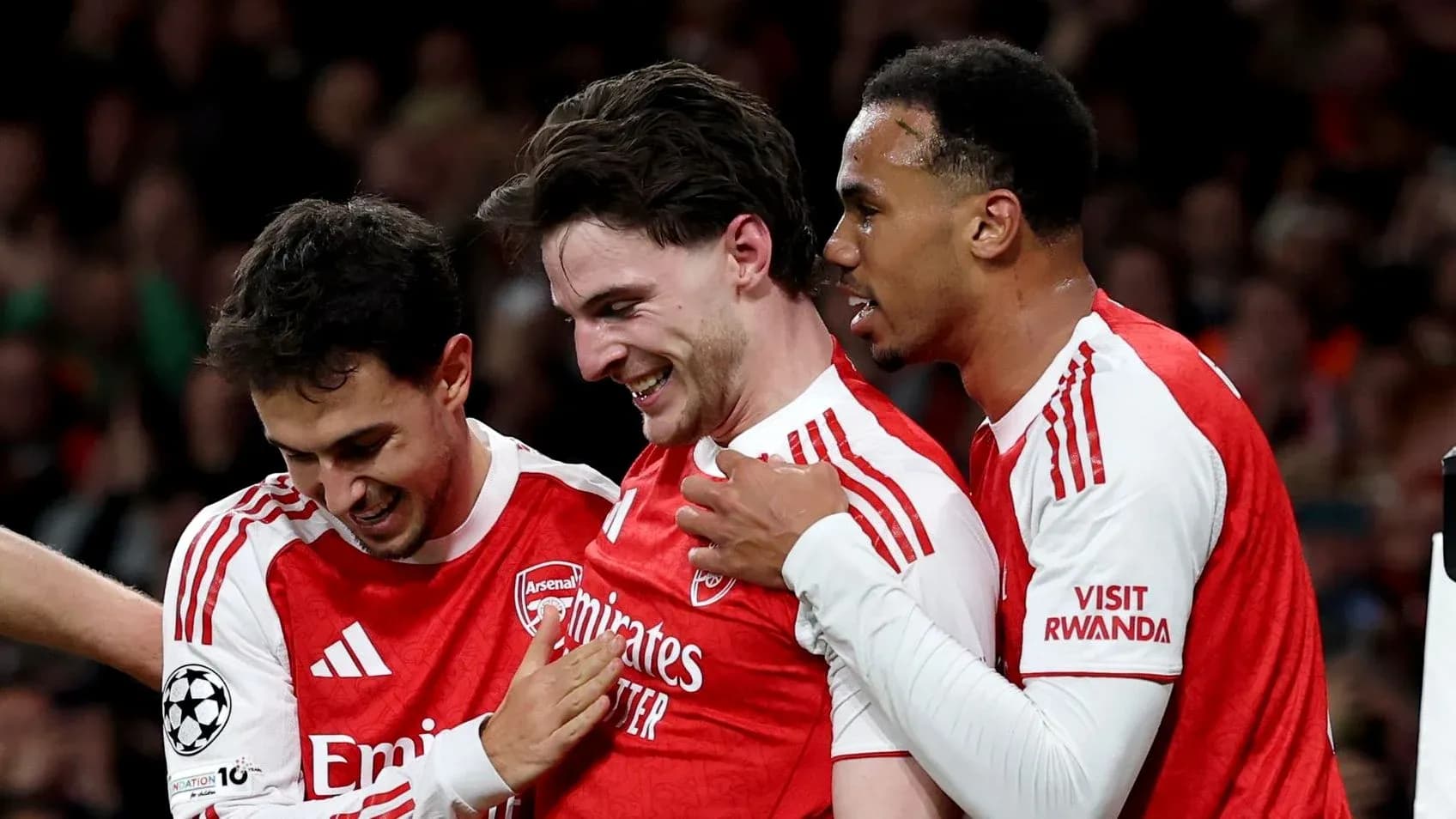 Arsenal players celebrating a goal together