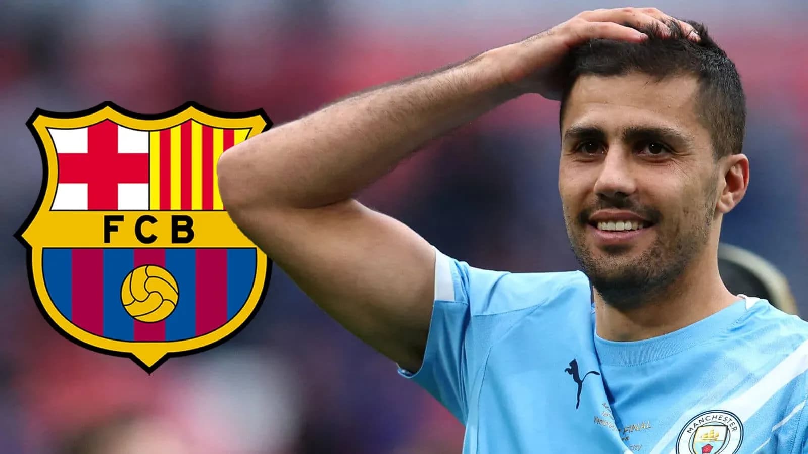 Player smiling with Manchester City kit and Barcelona logo