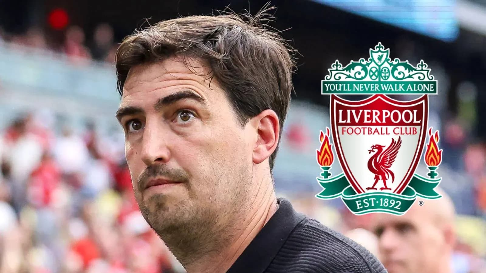 Person looking on with Liverpool FC logo in background