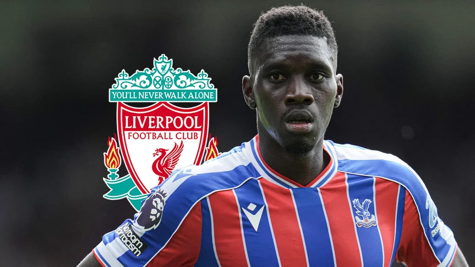 Player in Crystal Palace kit with Liverpool logo background