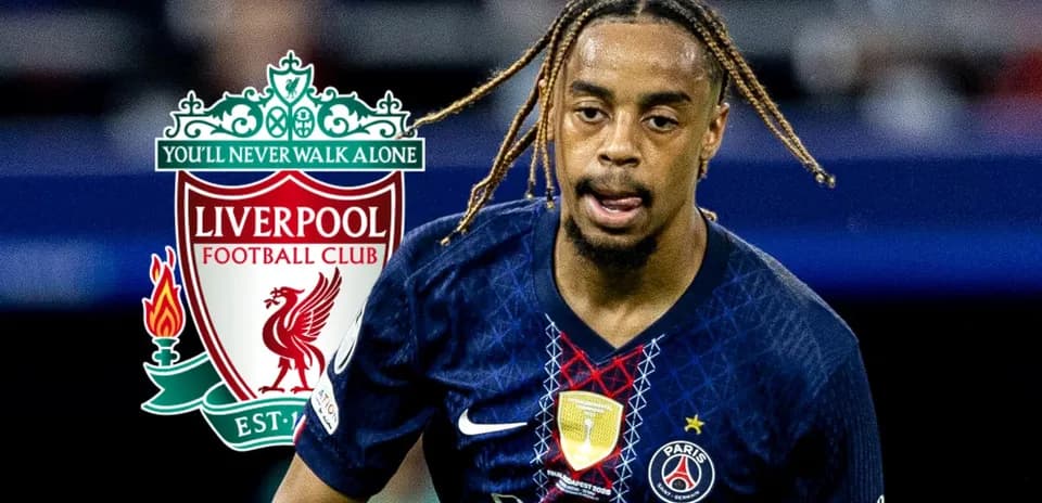 Player in PSG kit running with Liverpool logo overlay