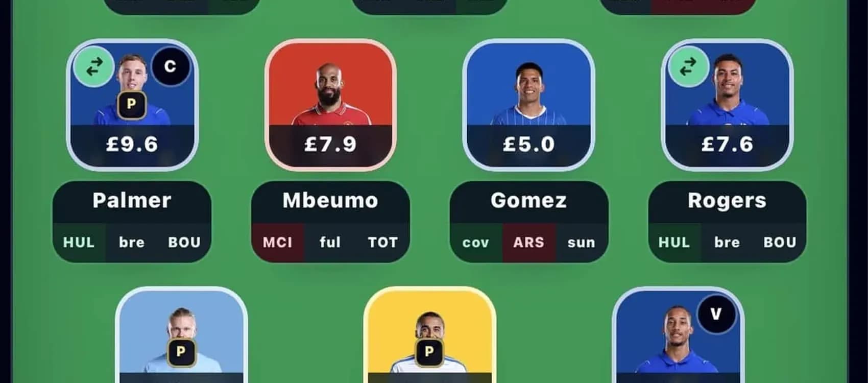 Fantasy football player selection screen with statistics