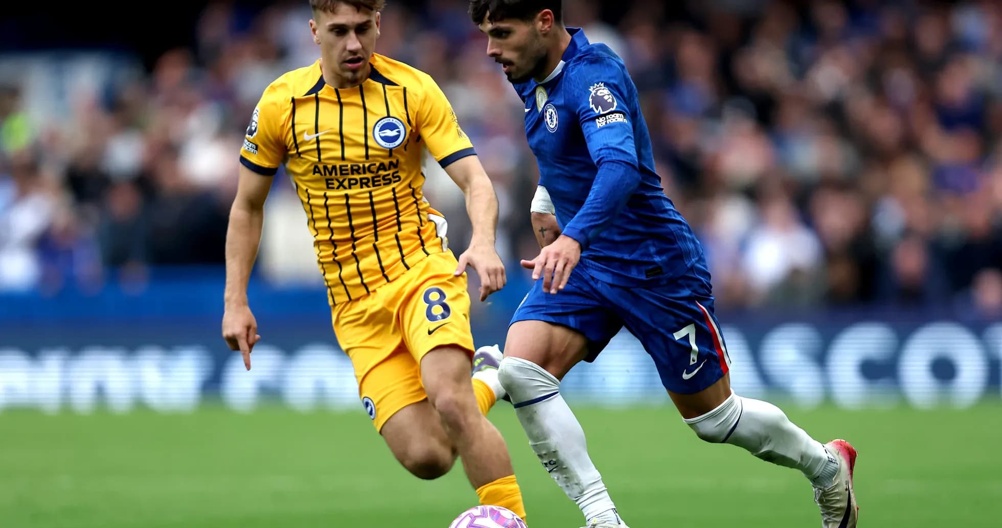 Brighton player challenging Chelsea player for the ball