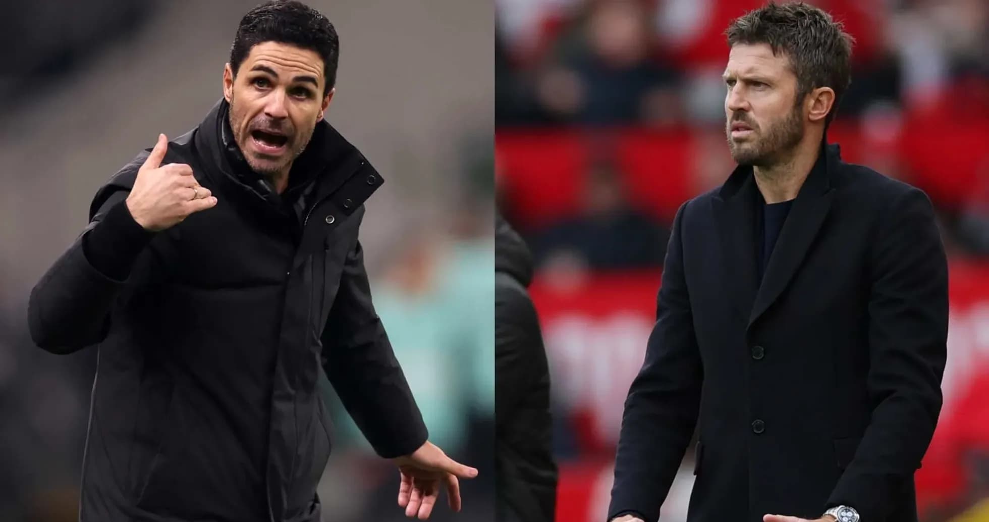 Two football managers directing their teams during match