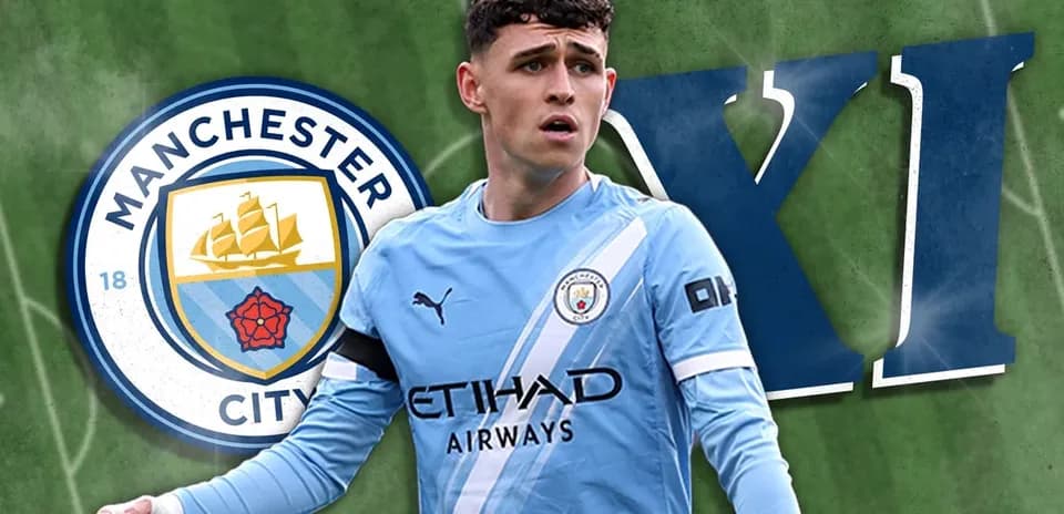 Phil Foden in Manchester City kit on green background