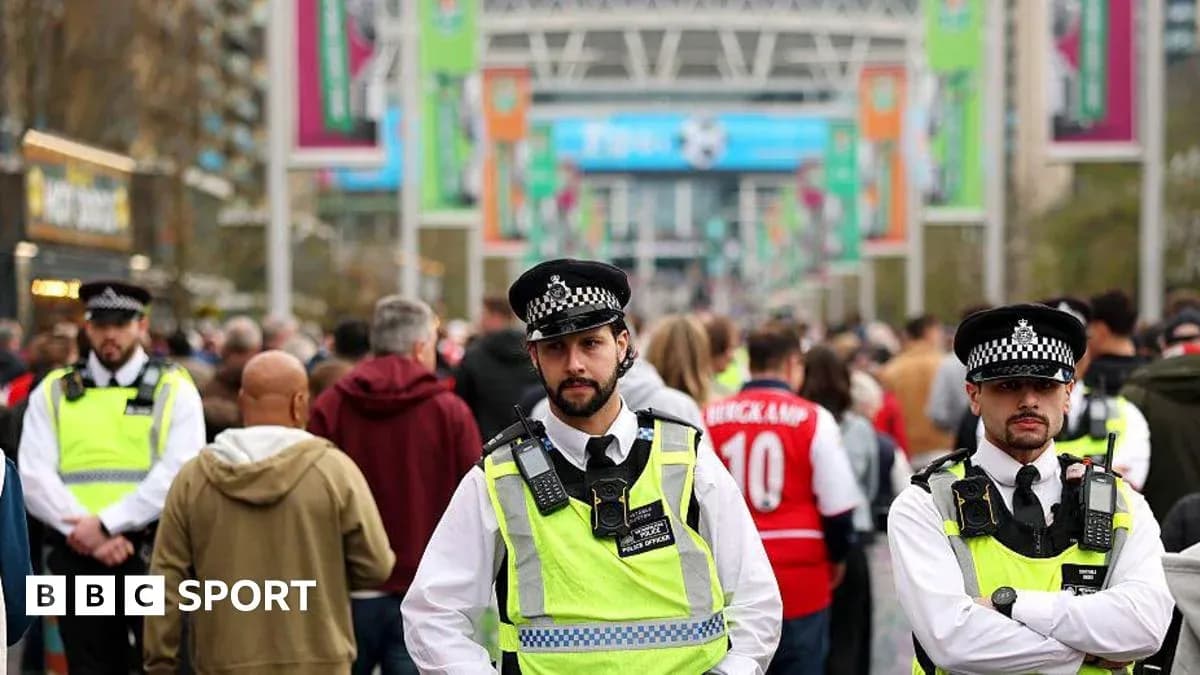 Police officers overseeing crowd outside Wembley Stadium