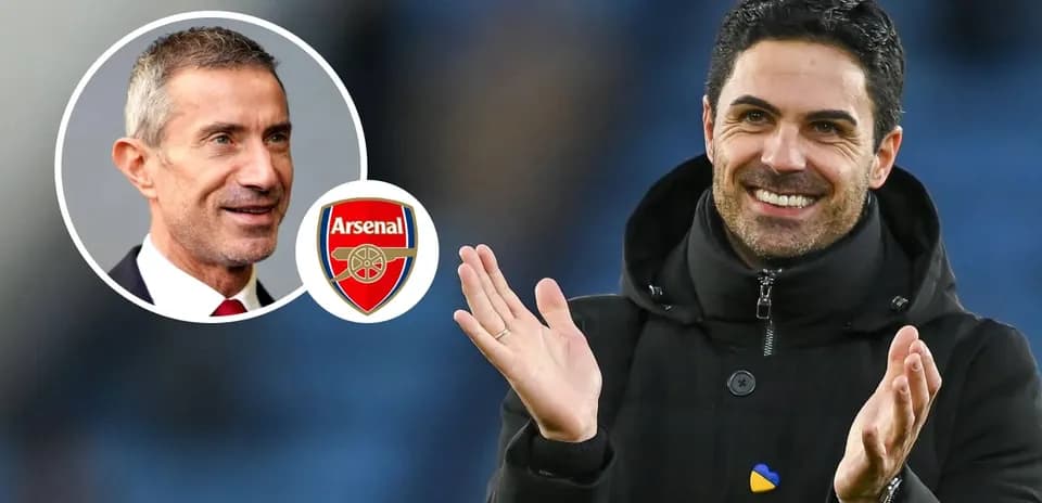 Mikel Arteta applauding during a match with Arsenal logo