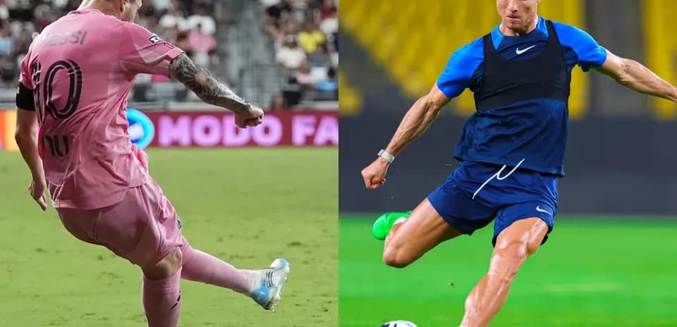 Messi and Ronaldo performing football skills on field
