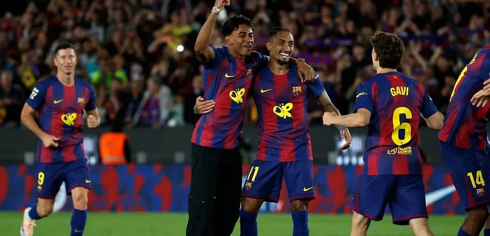 Barcelona players celebrating a goal during La Liga