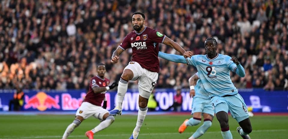 West Ham players celebrate after scoring against Burnley.