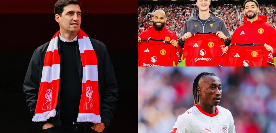 Football manager and players posing with jerseys