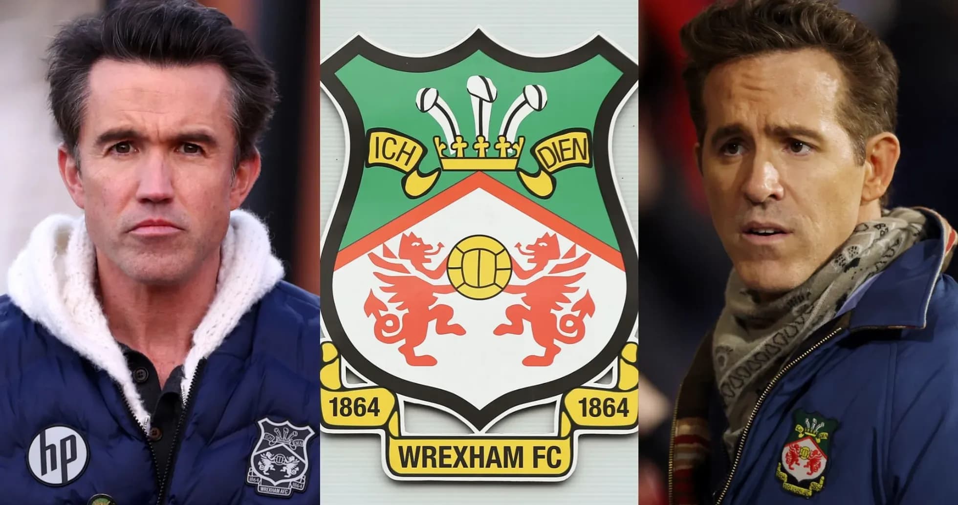 Two men beside Wrexham FC club crest