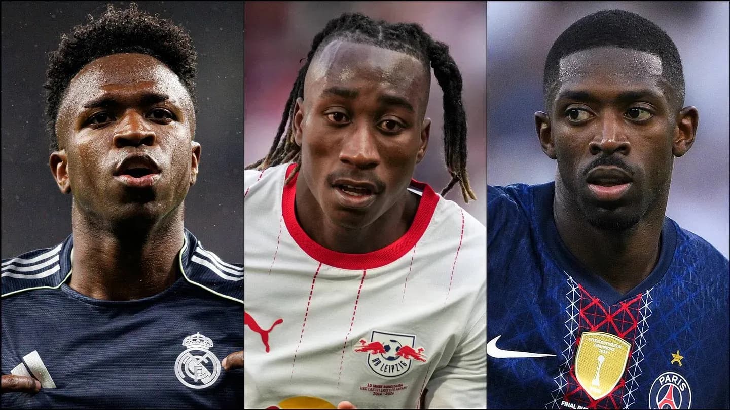Three football players in action poses