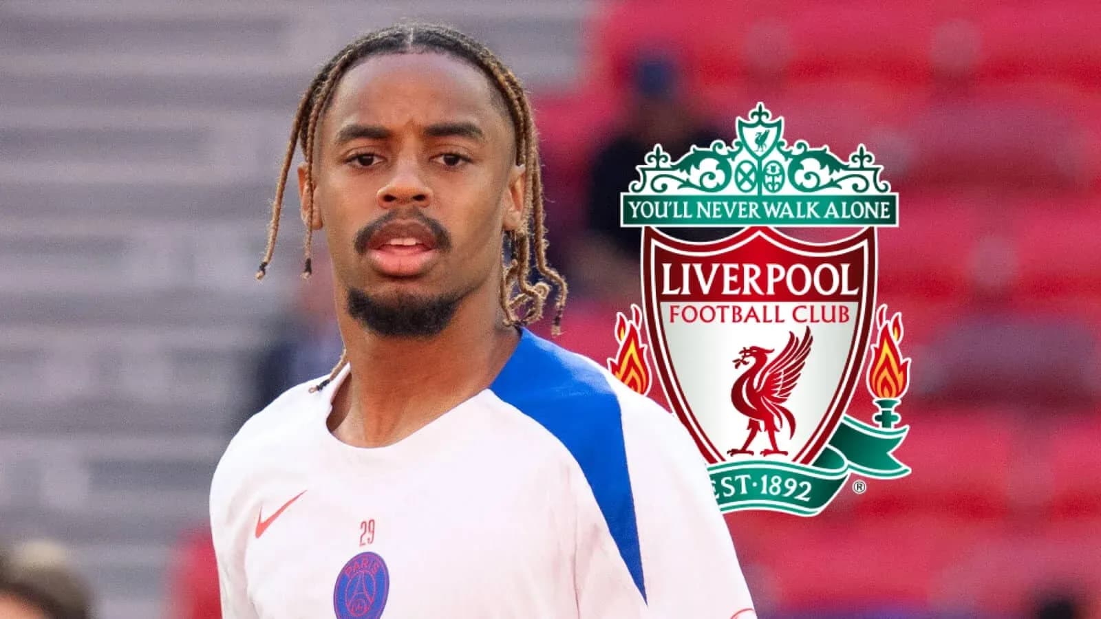 Player in training gear with Liverpool logo background