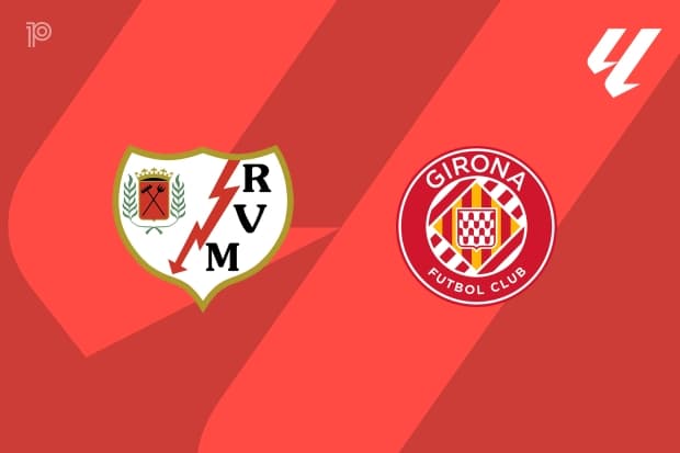 Logos of Rayo Vallecano and Girona FC on red background