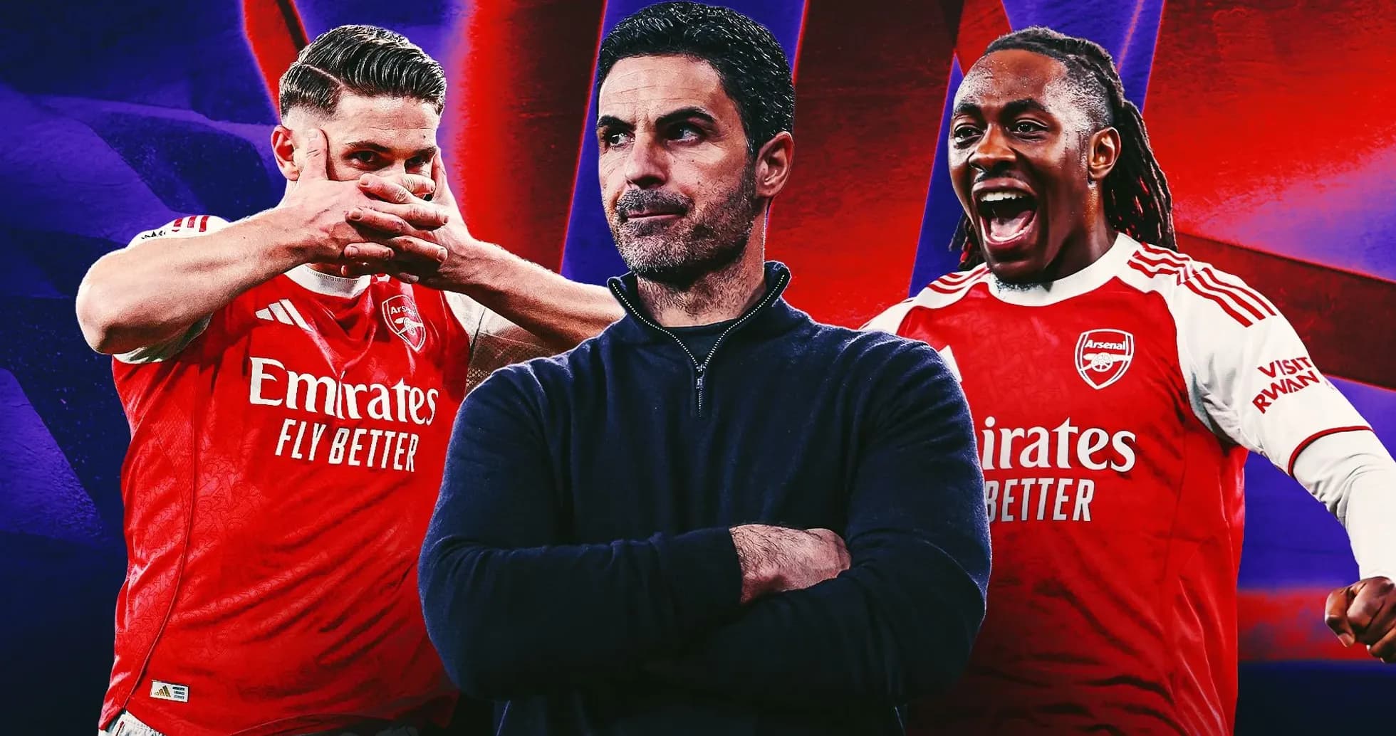 Arsenal manager with two celebrating players