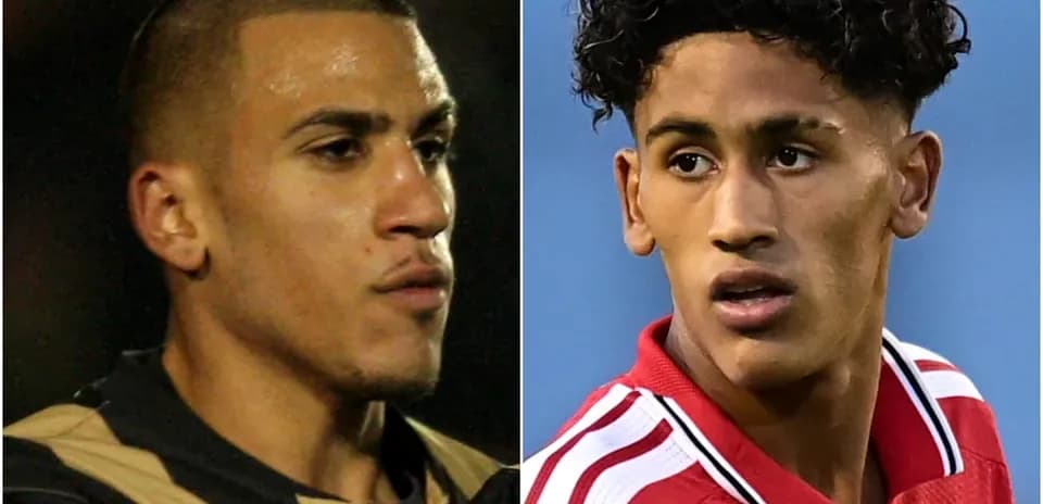 Two football players in close-up portraits
