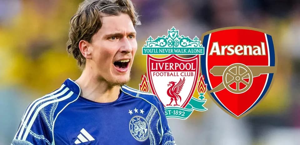 Goalkeeper celebrating with club logos of Liverpool and Arsenal