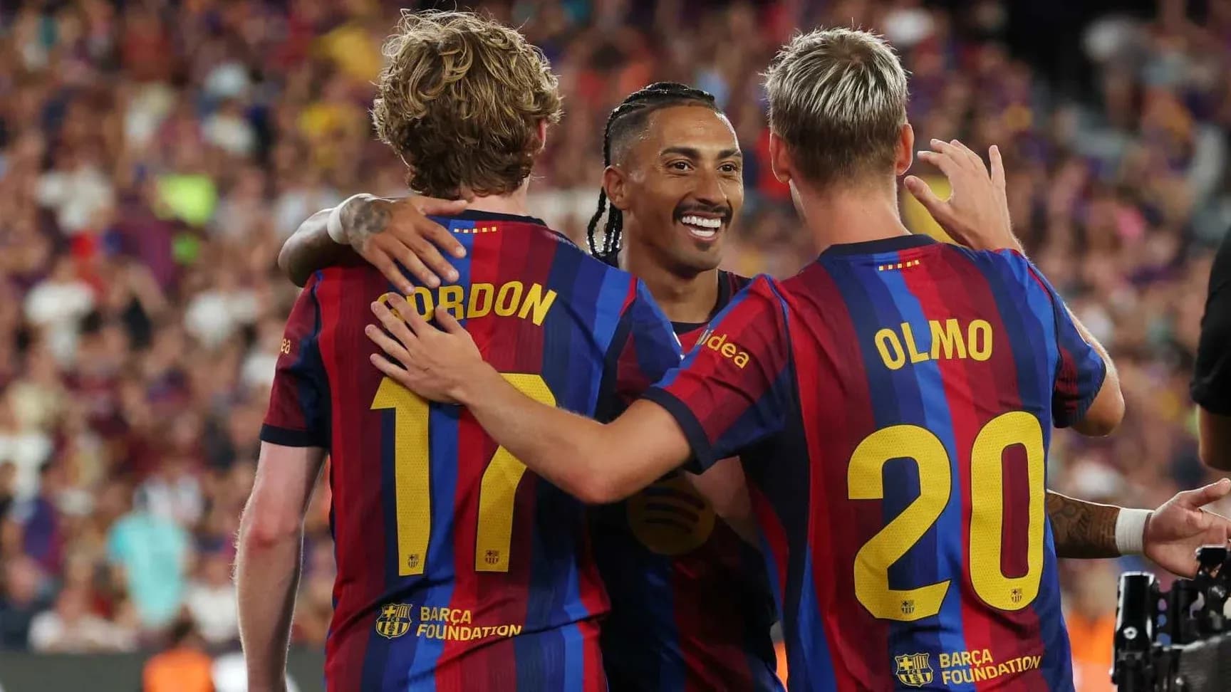 Barcelona players celebrating a goal together