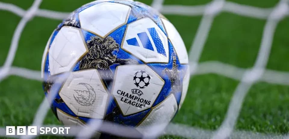 Close-up of UEFA Champions League soccer ball in net