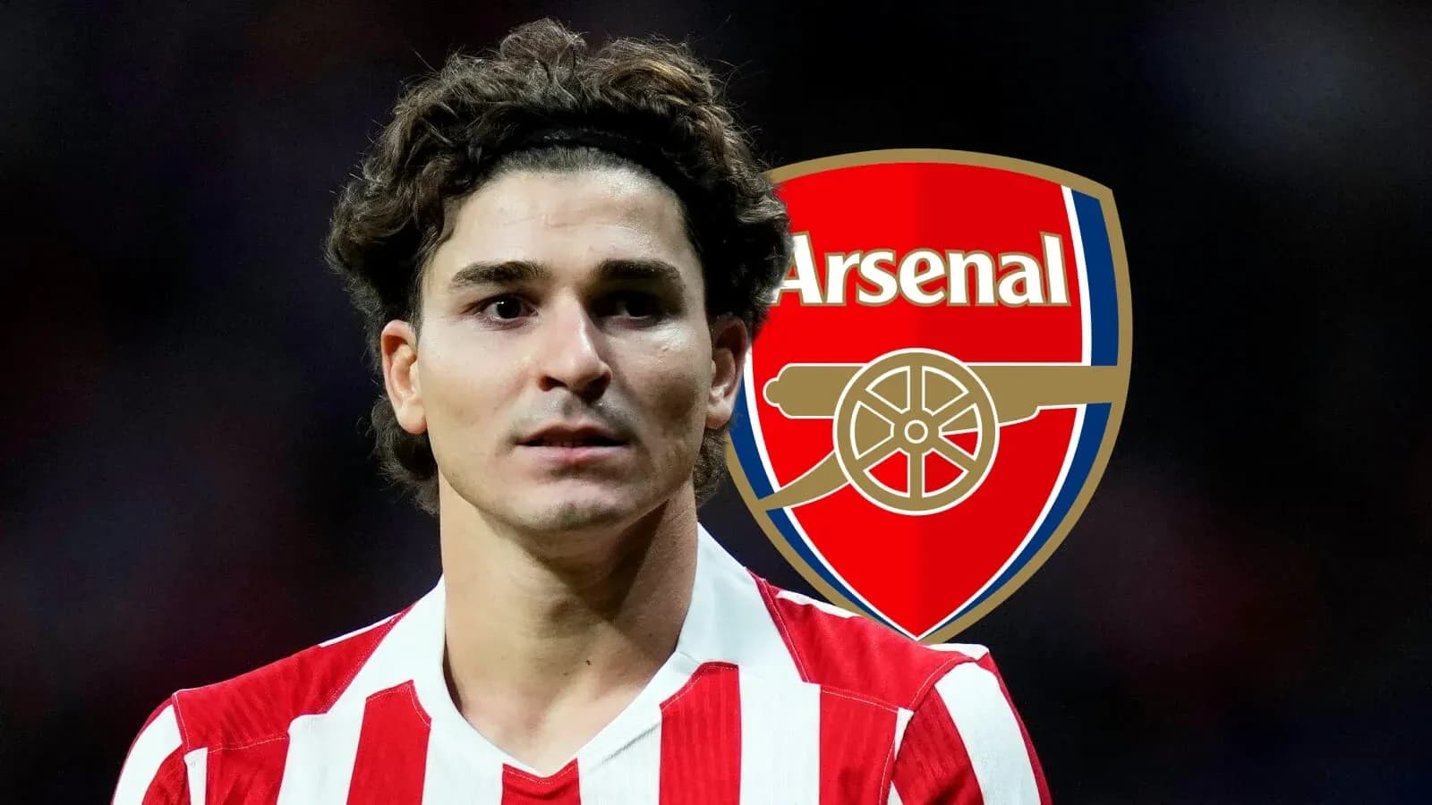 Player in red and white jersey with Arsenal logo background