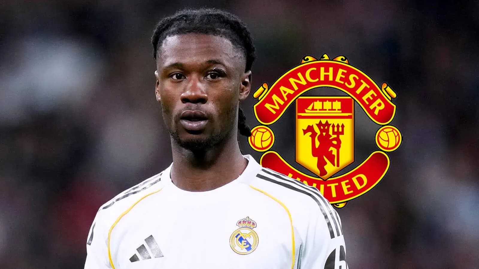 Player in Real Madrid kit with Manchester United logo