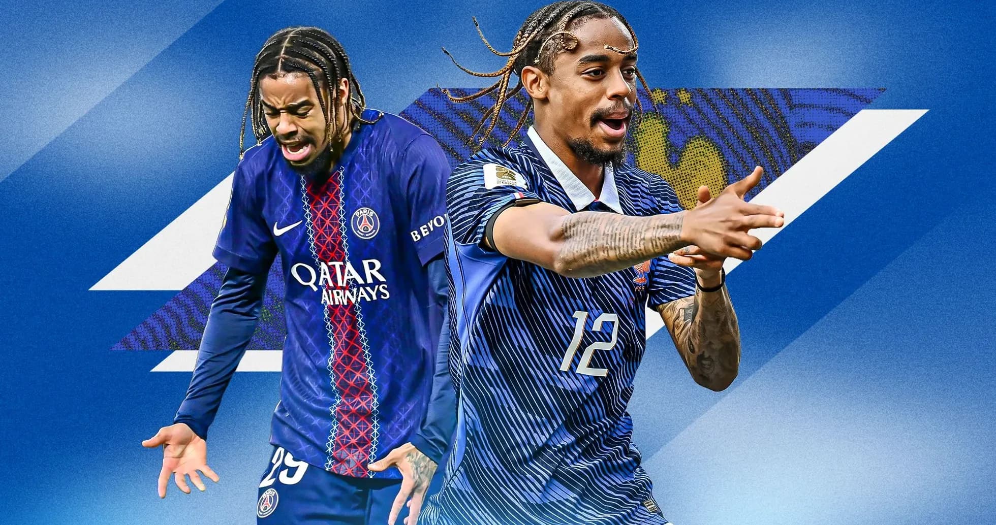 Two players in football jerseys celebrating on blue background