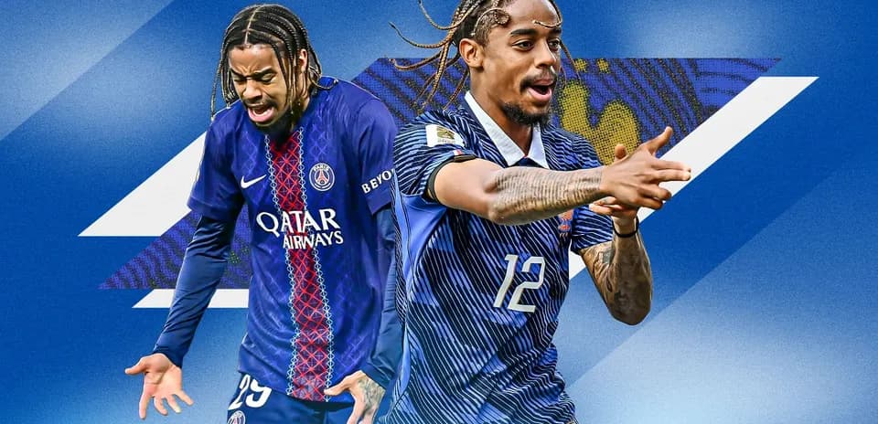 Two players in football jerseys celebrating on blue background