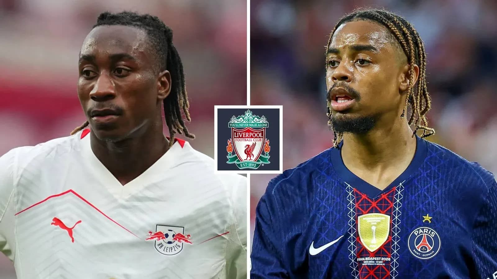 Two players from RB Leipzig and PSG facing each other
