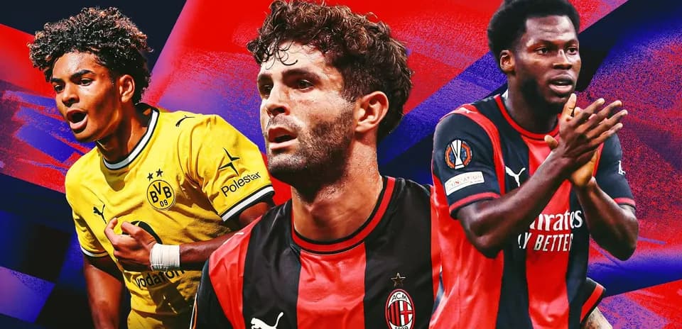 Three soccer players in team jerseys on colorful background