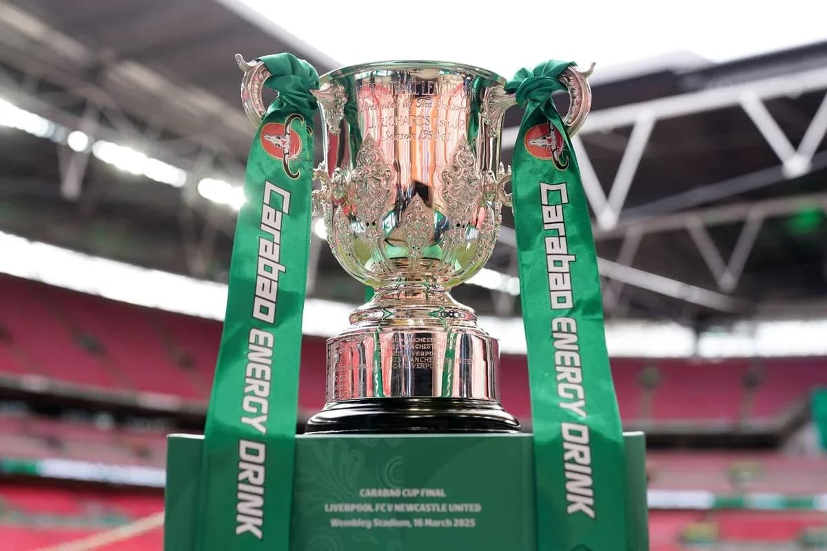 Carabao Cup trophy displayed at Wembley Stadium