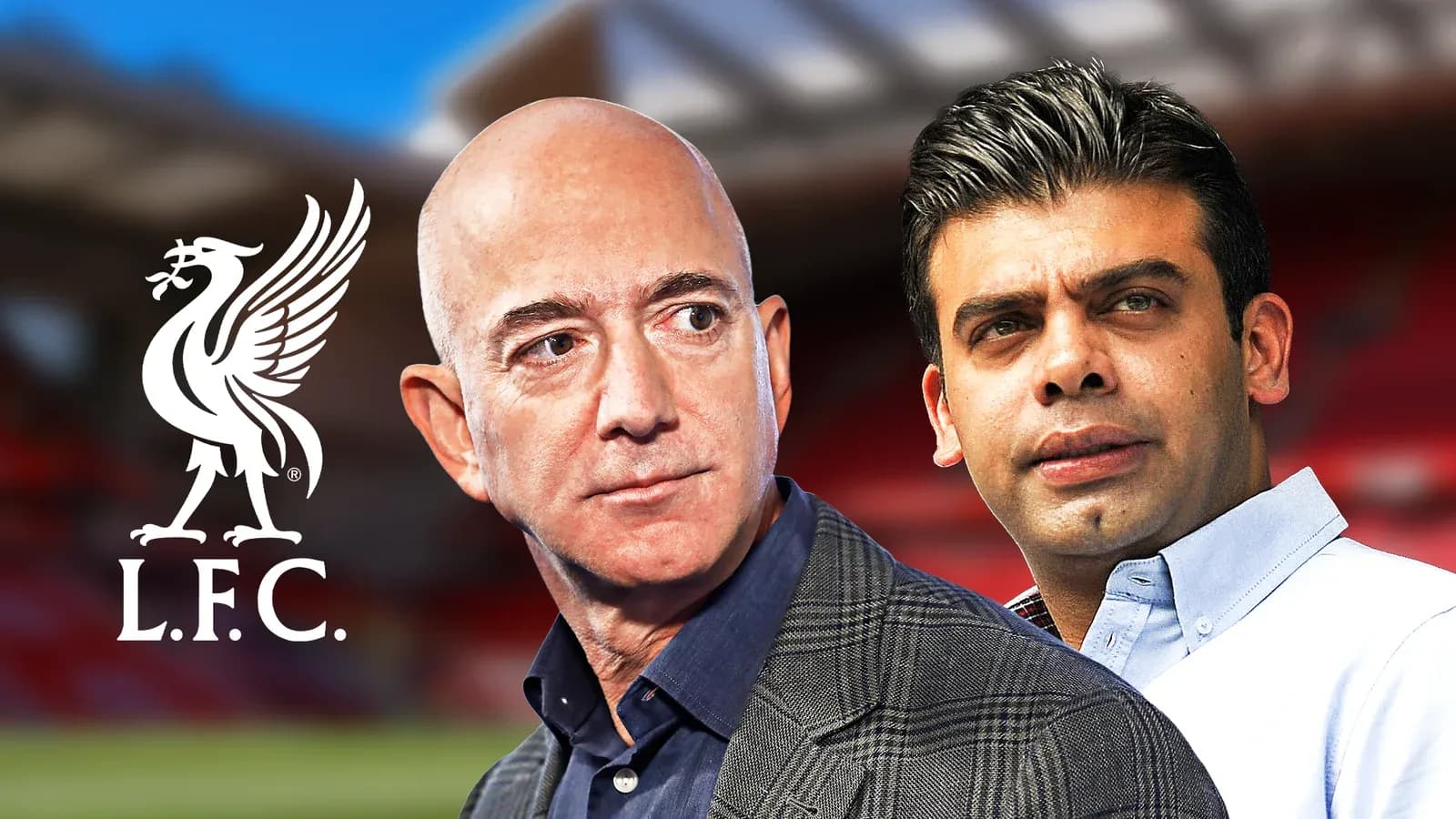 Two men standing in front of Liverpool FC logo