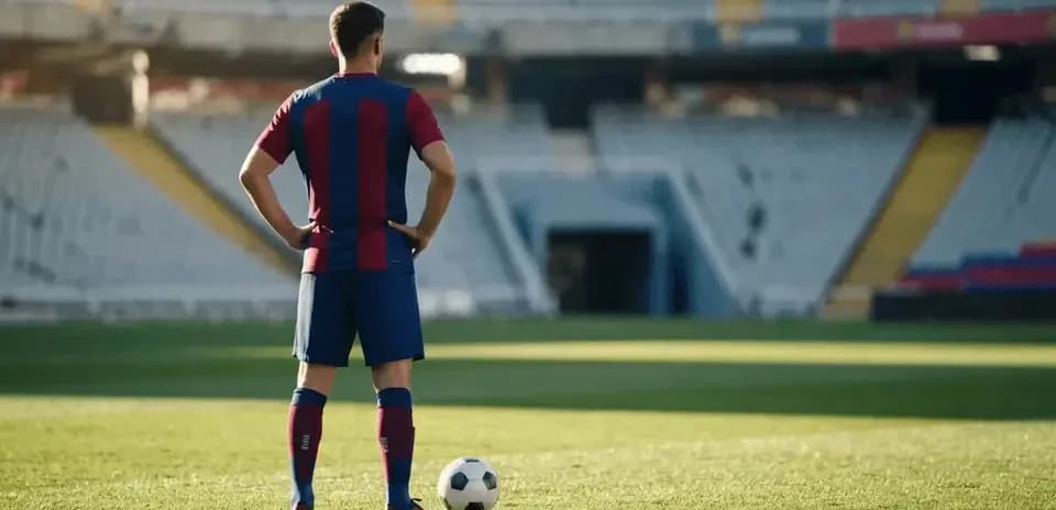 Player standing over ball on empty soccer field