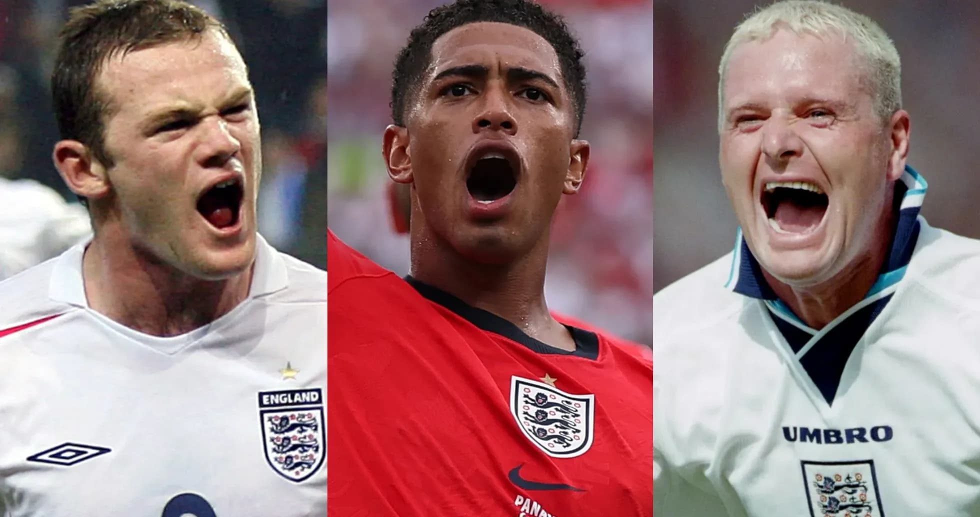 Three England football players celebrating passionately