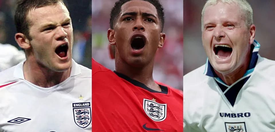 Three England football players celebrating passionately