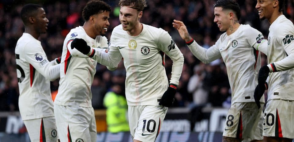 Cole Palmer celebrates a goal against Wolves.