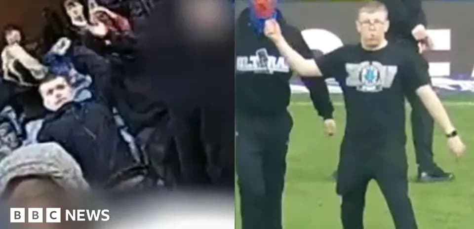 Crowd reacting and individual on pitch during event