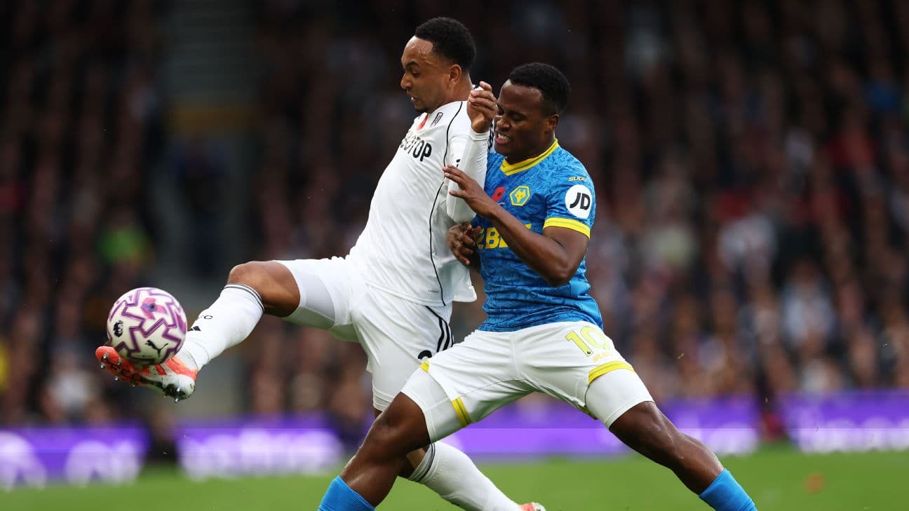 Fulham and Wolves players contesting for the ball