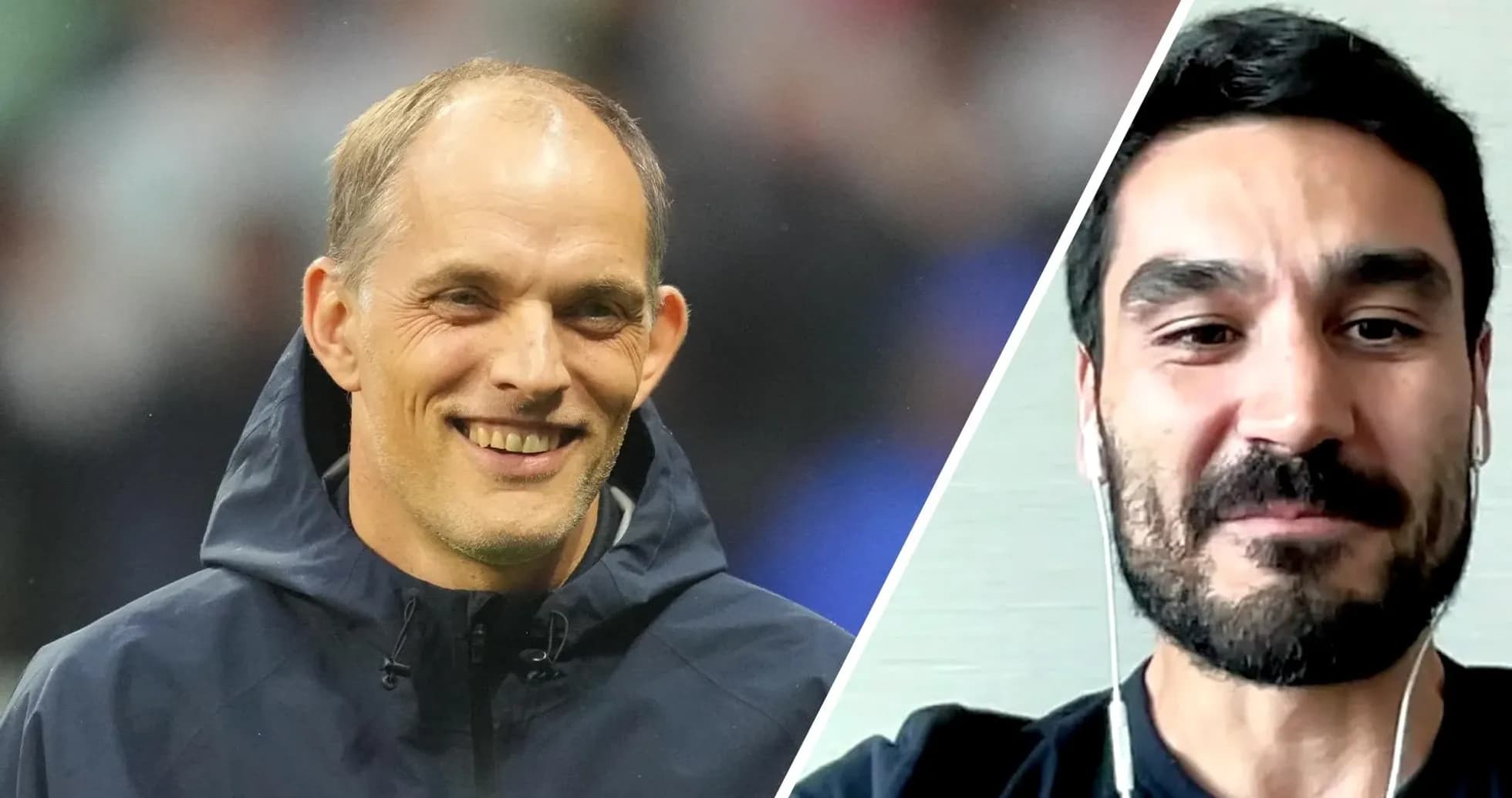 Thomas Tuchel and Ilkay Gundogan smiling during video call