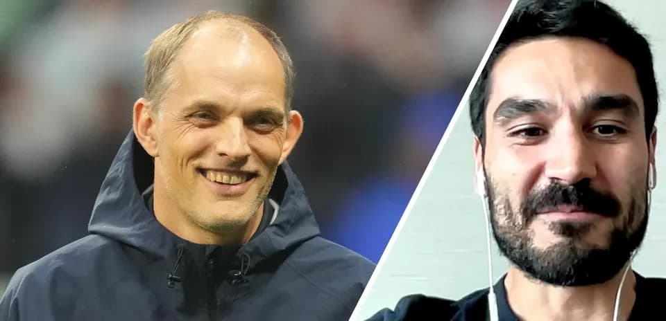 Thomas Tuchel and Ilkay Gundogan smiling during video call