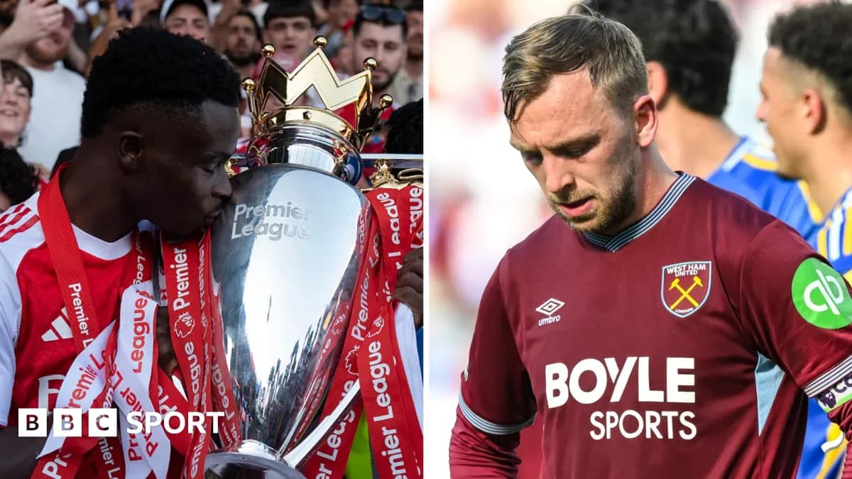 Player celebrating with Premier League trophy, another player disappointed