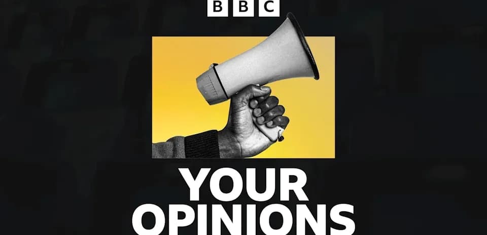 Hand holding megaphone with text 'YOUR OPINIONS'