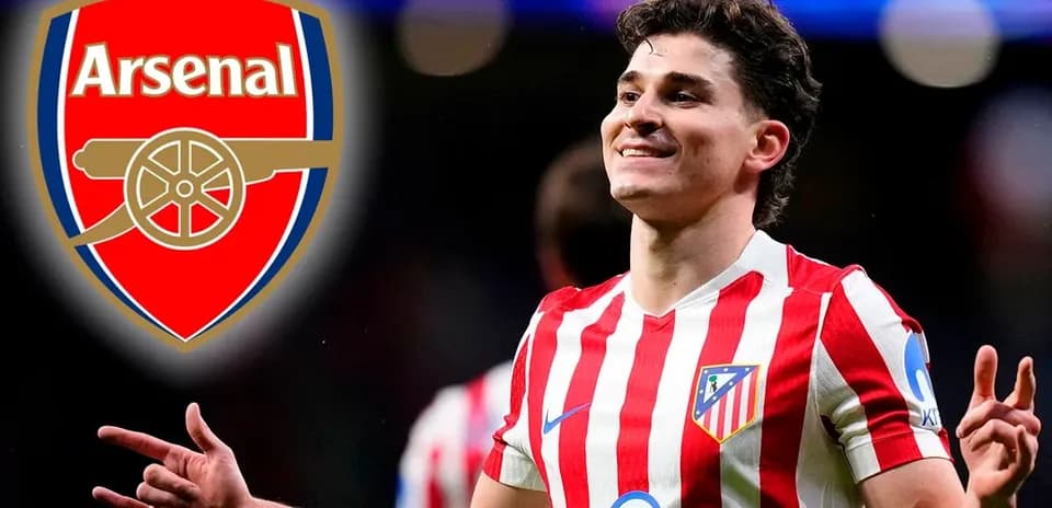 Player celebrating with Atletico Madrid logo and Arsenal logo