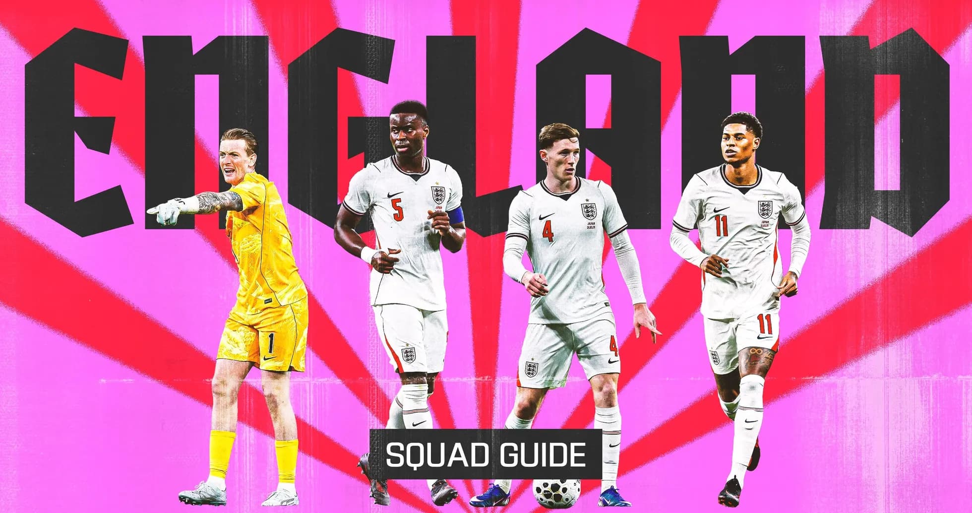 England squad members posing with bold background