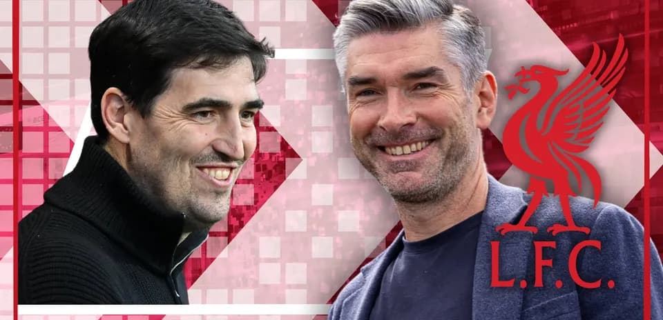 Two football managers smiling against a Liverpool background